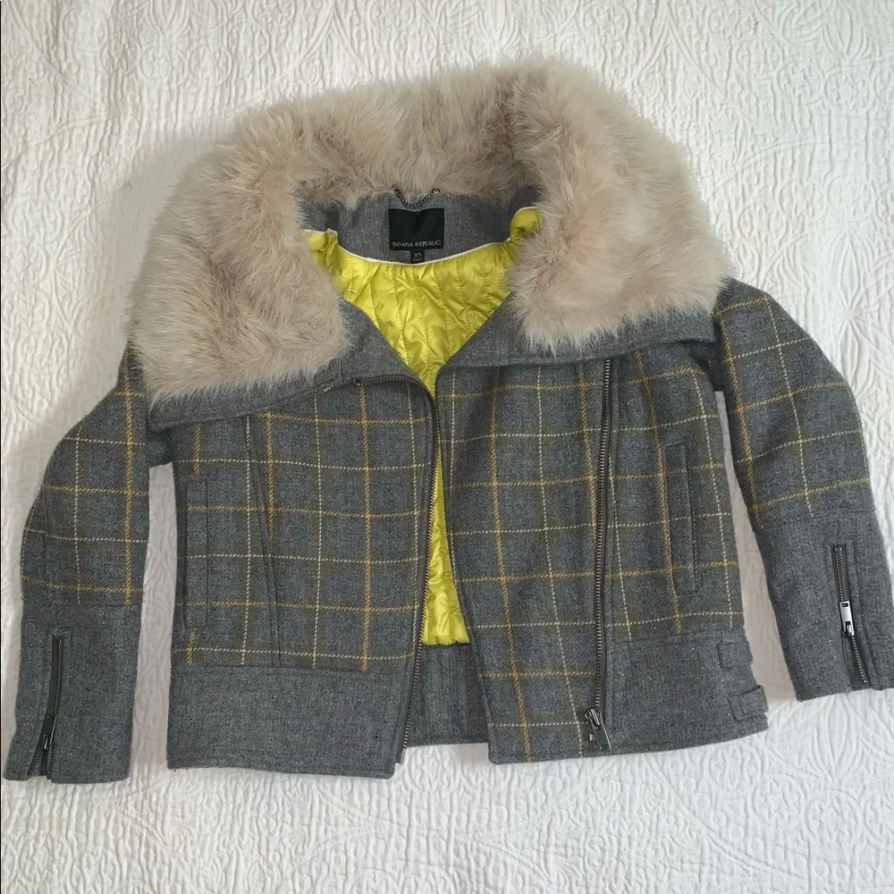 BANANA REPUBLIC faux fur plaid winter jacket size xs - Picture 2 of 6